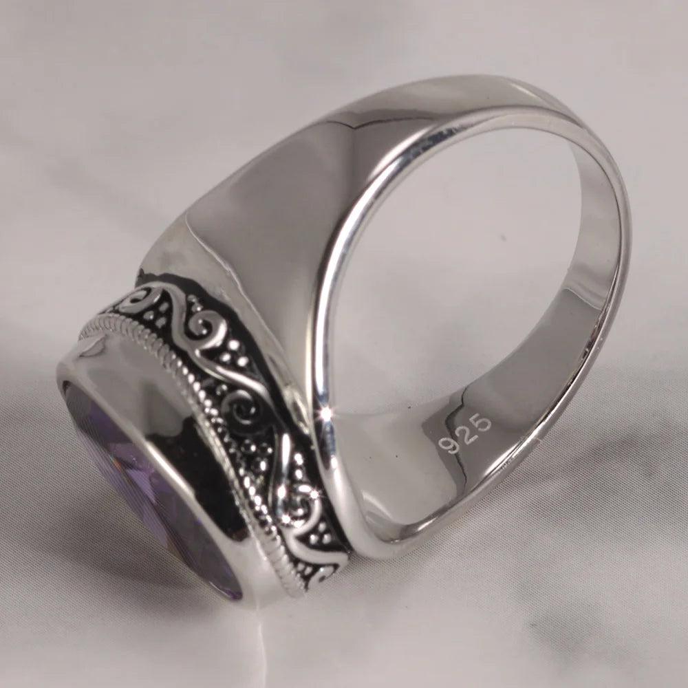 Real 925 Sterling Silver Rings For Women With Zircon Stone Amethyst Ruby Garnet Vintage Thai Silver Flower Engraved Jewelry - GQTORCH Jewelry