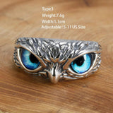 Real 925 Sterling Silver Demon Eye Owl Ring For Women Girl Lovers Retro Animal Open Adjustable Ring Statement Ring Jewelry Gift - GQTORCH Jewelry