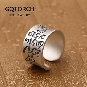 Real 990 Pure Silver Tibetan Buddhist Mantra Rings For Men And Women Six Words Sanskrit Open Adjustable Ring Vintage Matt Design - GQTORCH Jewelry
