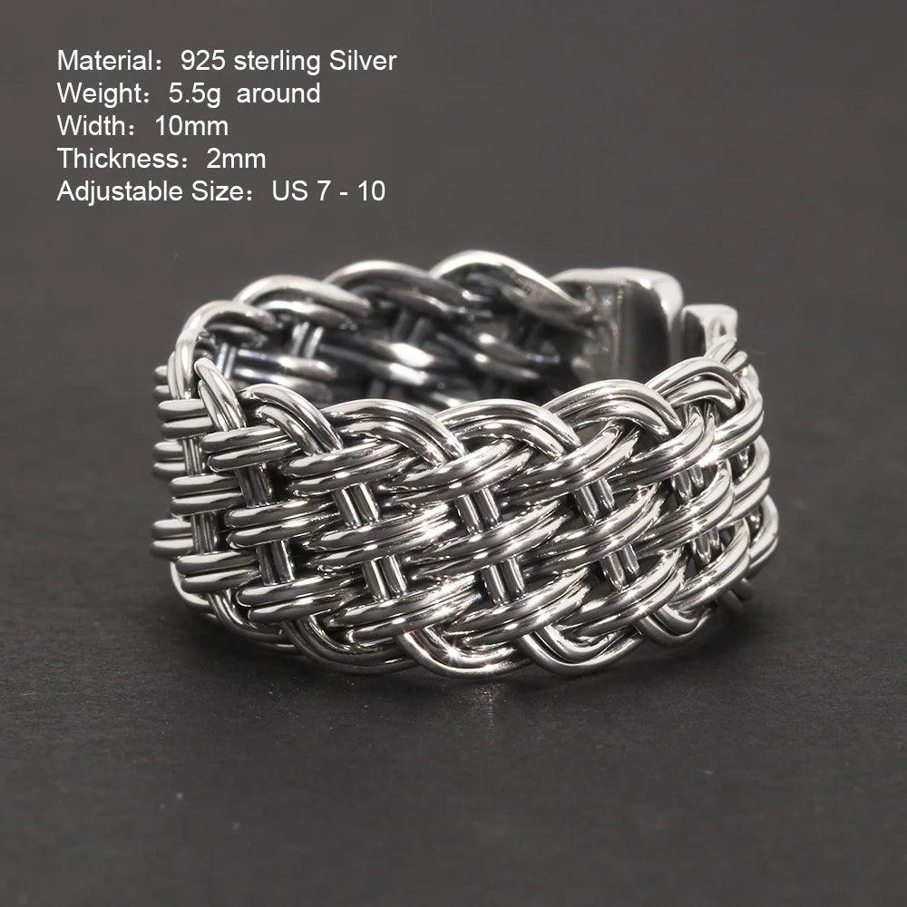 S925 Sterling Silver 2-Thread Braided Ring Viking Band Adjustable Size 7-10 Handmade Jewelry - GQTORCH Jewelry