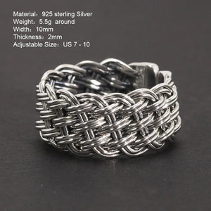 S925 Sterling Silver 2-Thread Braided Ring Viking Band Adjustable Size 7-10 Handmade Jewelry - GQTORCH Jewelry