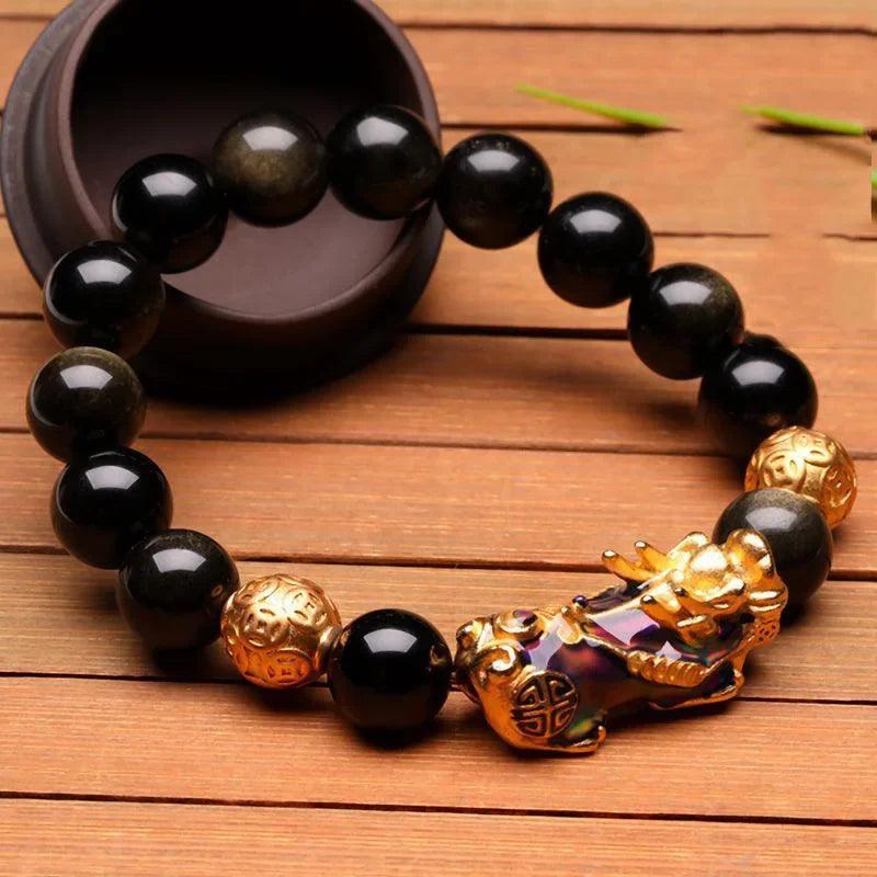 Natural Yellow Tiger Eye Black Onyx Beads Bracelet With Temperature Change Color Lucky Pixiu Brave Troops Fengshui Jewelry - GQTORCH Jewelry