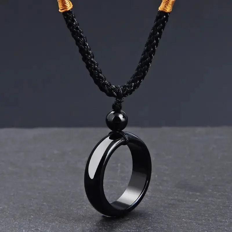 Natural Black Obsidian Onyx Pendant Necklace Lucky Amulets for Men and Women With Rope Chain - GQTORCH Jewelry