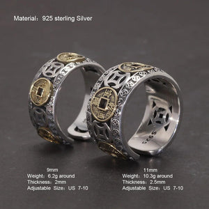 Real 925 Sterling Silver Men and Women's Five-emperor Coin Hollow-out Ring Adjustable Exquisite Vintage Good Lucky Jewelry - GQTORCH Jewelry