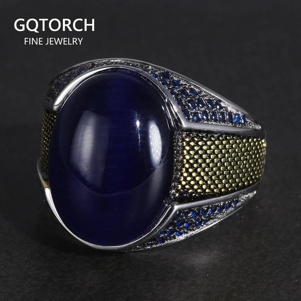 Real Pure Mens Rings Silver S925 Men's Turkey Rings with Natural Blue Tiger Eyes Stone Silver 925 Jewelry - GQTORCH Jewelry