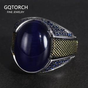 Real Pure Mens Rings Silver S925 Men's Turkey Rings with Natural Blue Tiger Eyes Stone Silver 925 Jewelry - GQTORCH Jewelry