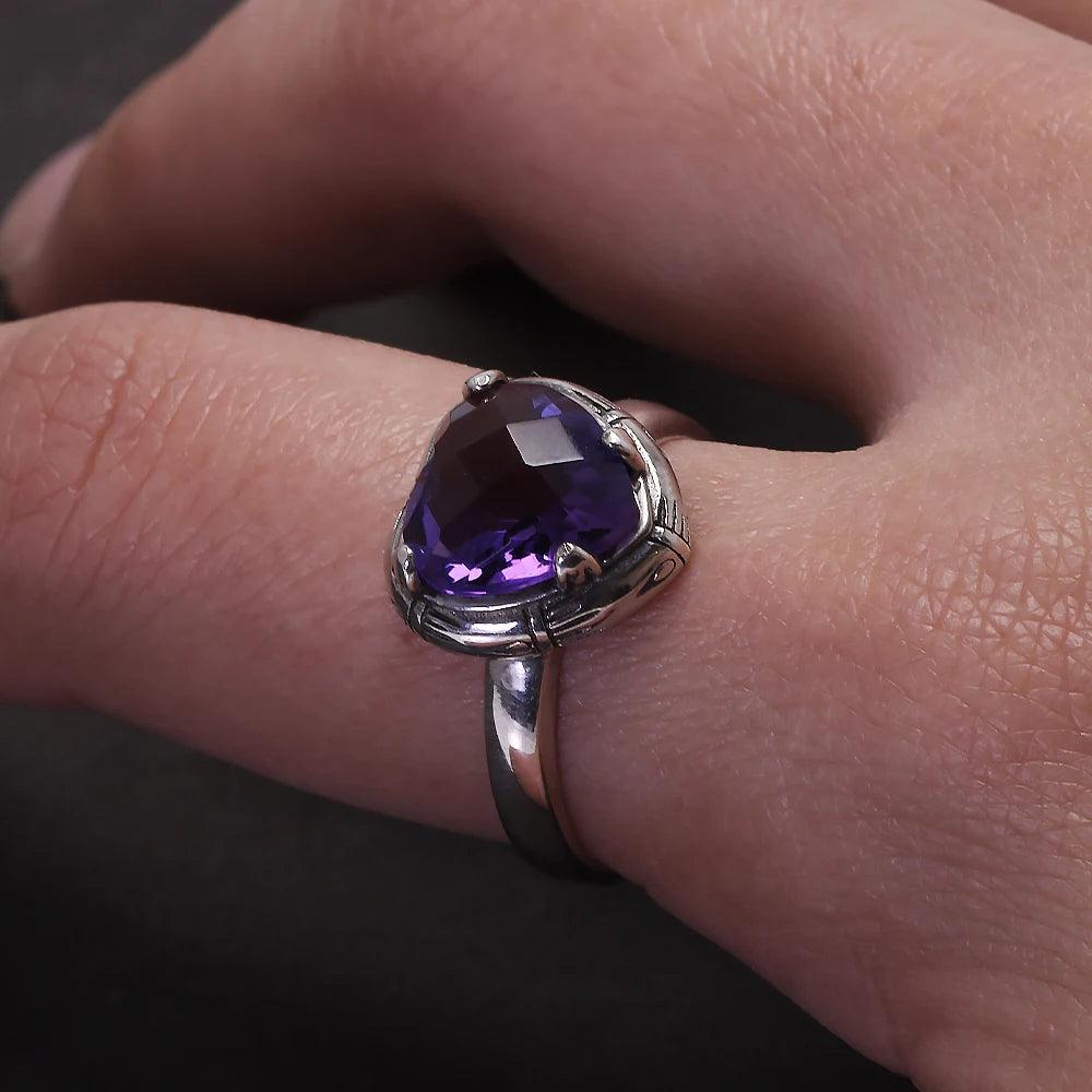 Real S925 Sterling Silver Natural Amethyst Heart Ring Drop Earrings for Women Girl Vintage Fashion Jewelry Set - GQTORCH Jewelry