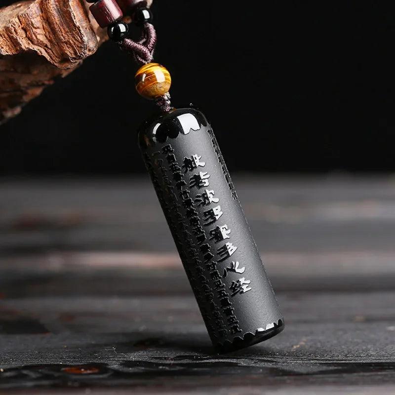 Natural Black Obsidian Prajna Paramita Sutra Engraved Buddha Necklace Pendant Lucky Tiger Eyes Beads Rope Chain For Men Women - GQTORCH Jewelry