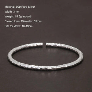 Solid 999 Pure Silver Hammered Cuff Bangle for Women Minimalist Retro Design Birthday Party Jewelry for Lady - GQTORCH Jewelry