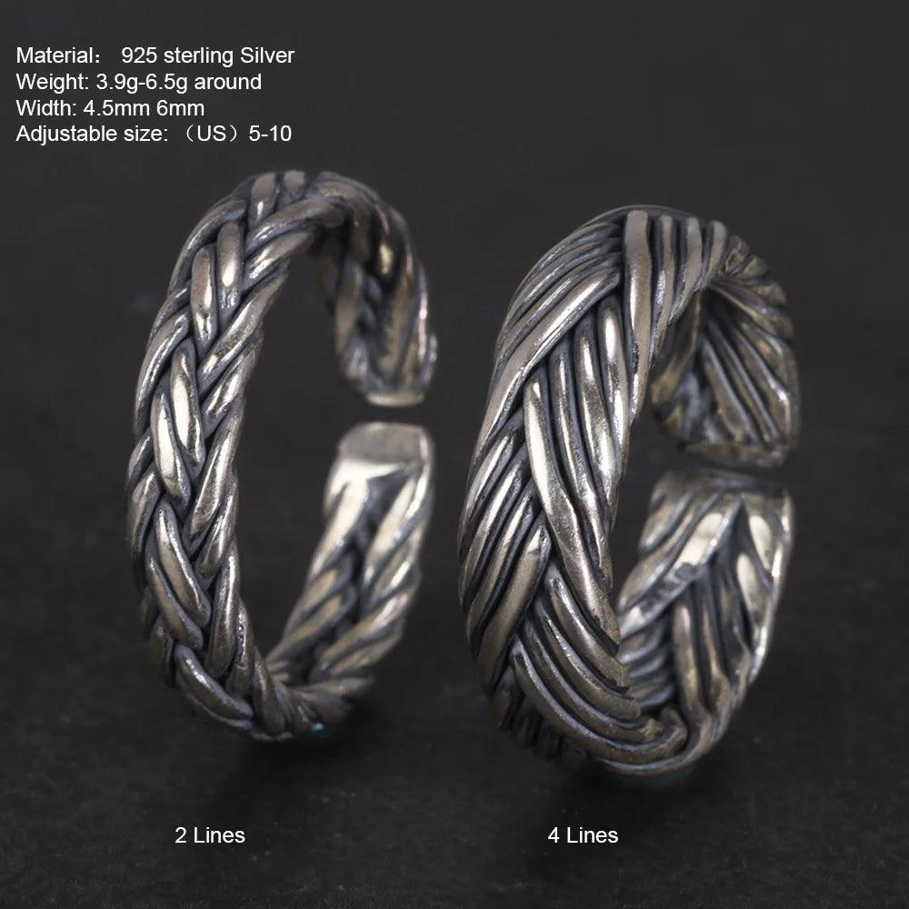 S925 Sterling Silver 2 and 4 Lines Braided Rings Handmade Viking Bands Adjustable Size 5-10 Handcrafted Jewelry - GQTORCH Jewelry