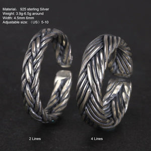 S925 Sterling Silver 2 and 4 Lines Braided Rings Handmade Viking Bands Adjustable Size 5-10 Handcrafted Jewelry - GQTORCH Jewelry