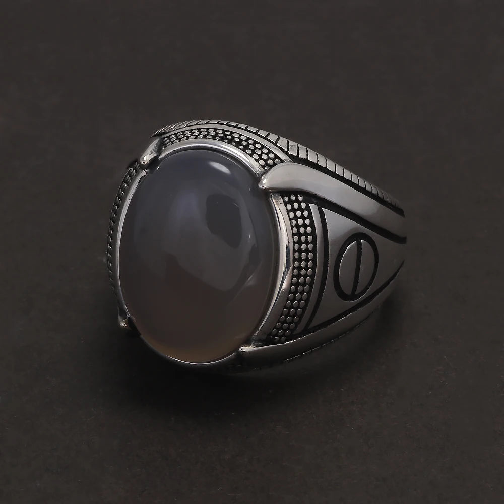 S925 Sterling Silver Agate Signet Ring for Men Turkish Wedding Ring Vintage Retro Fashion Motor Biker Party Jewelry