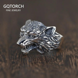 S925 Sterling Silver Vintage Thai Silver Open Ring for Men Wolf Head Open Silver Ring Punk Style Male Jewelry - GQTORCH Jewelry