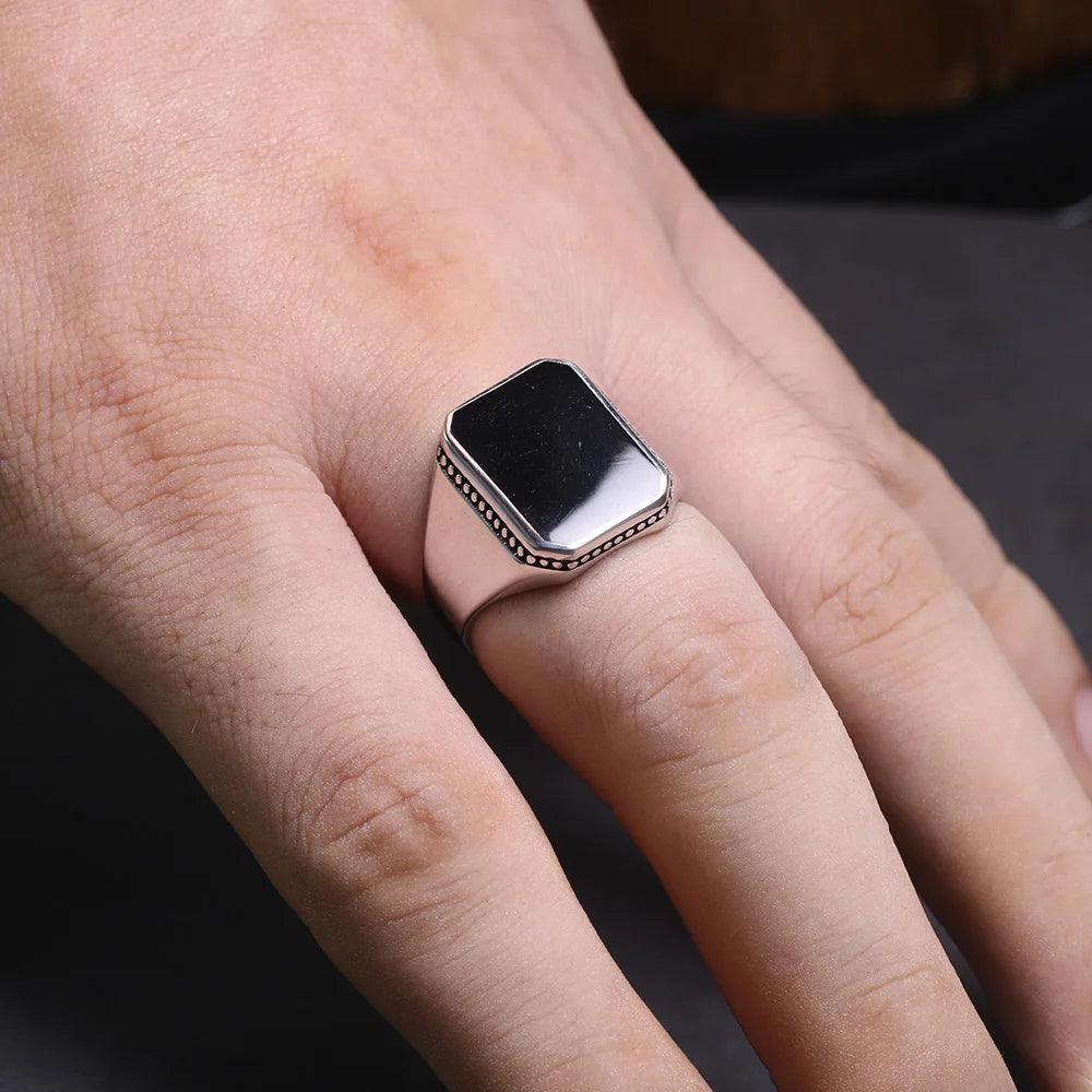 Real Solid 925 Sterling Silver Ring Simple For Men With Black Square Flat Gel Stone High Polishing Middle East Turkish Jewelry - GQTORCH Jewelry