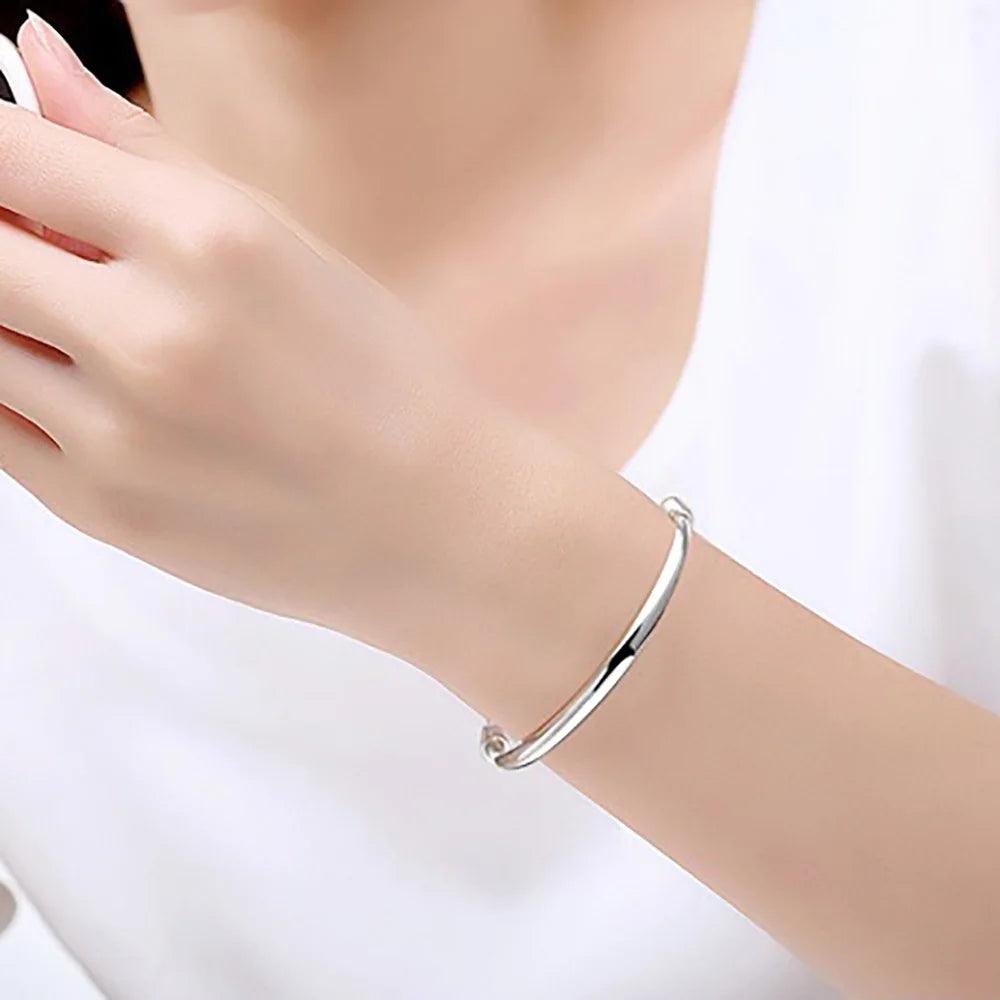 Solid 999 Sterling Silver Simple Push-pull Bracelet Women and Kids Smooth Minimalist Jewelry First Birthday Gift - GQTORCH Jewelry