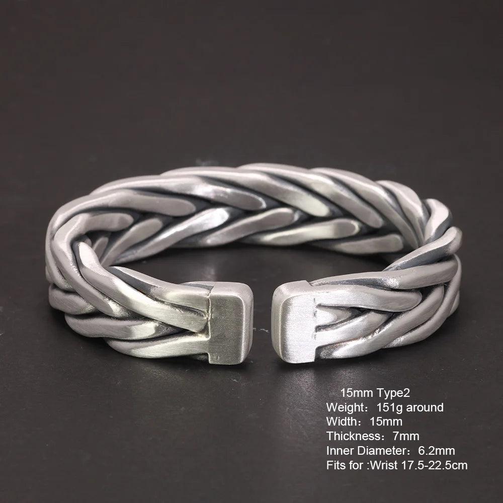 Heavy 999 Sterling Silver Braided Bracelet For Men Retro Solid Thick Handmade Viking Jewelry Opening Adjustable - GQTORCH Jewelry