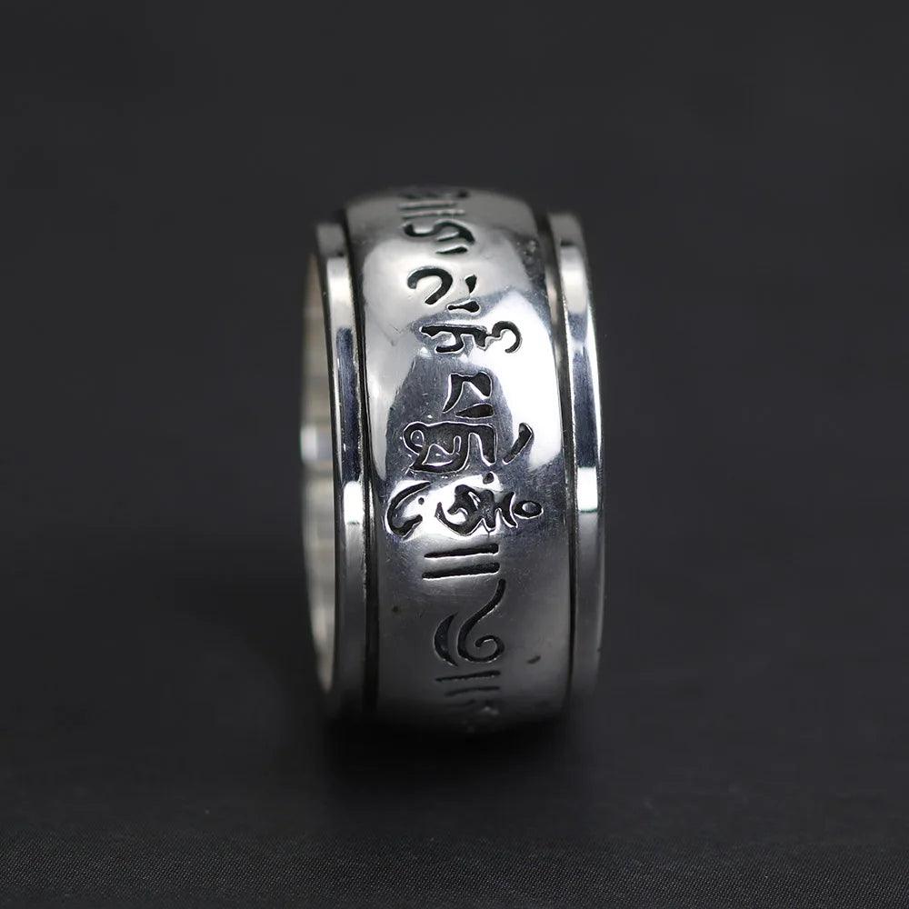 Real 990 Sterling Silver Mantra Rings Rotatable Shifting Lucky Tibetan Six Words Om Mani Padme Hum Buddha Ring For Men And Women - GQTORCH Jewelry