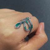 S925 Sterling Silver Snake Rings For Women with Green Zircon Stone Antique Punk Adjustable Animal Jewelry - GQTORCH Jewelry