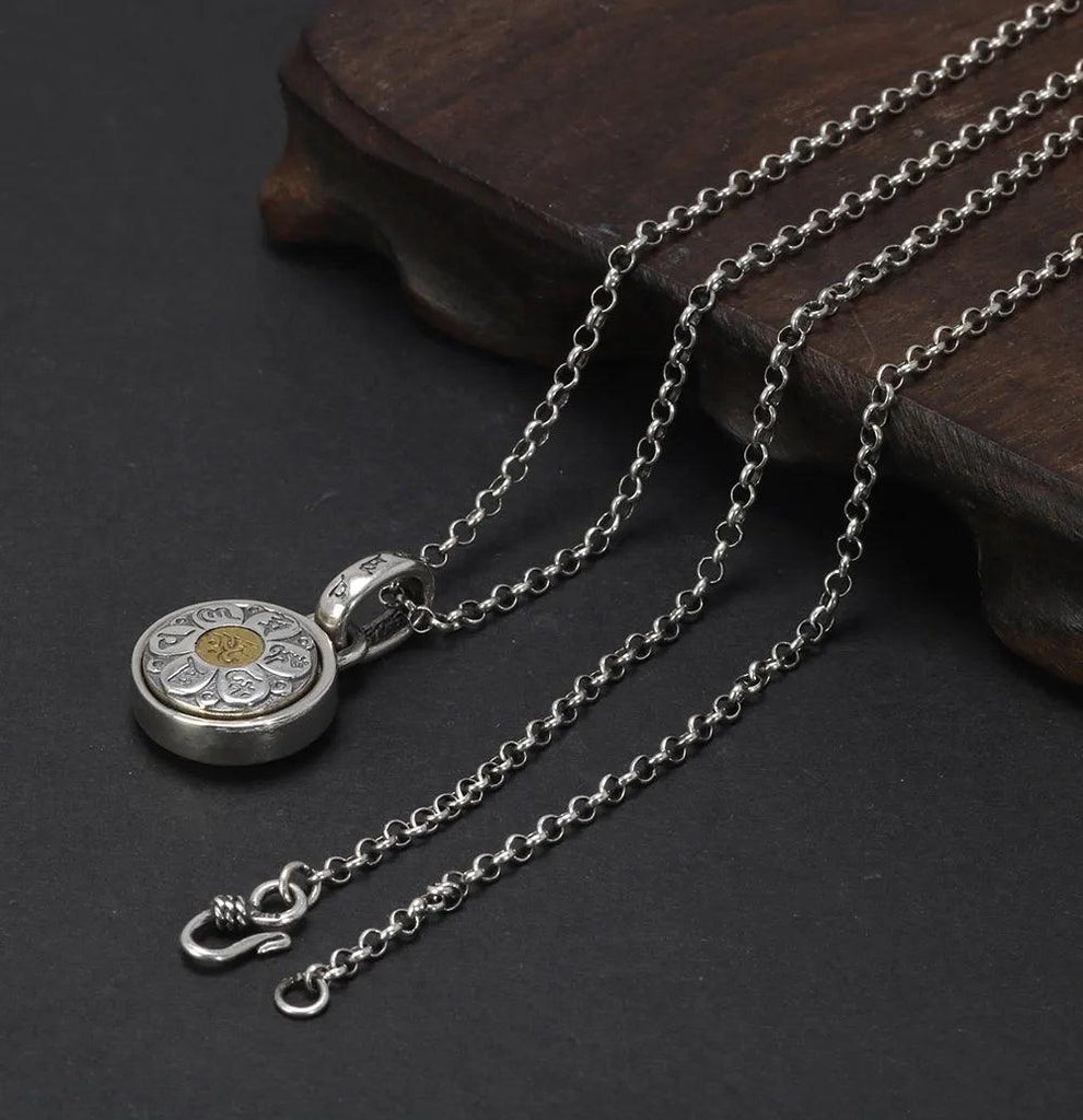 Real 925 Sterling Silver Six True Words Mantra Pendant Necklace Om Mani Padme Hum Rotatable Lucky Retro Religious Jewelry - GQTORCH Jewelry