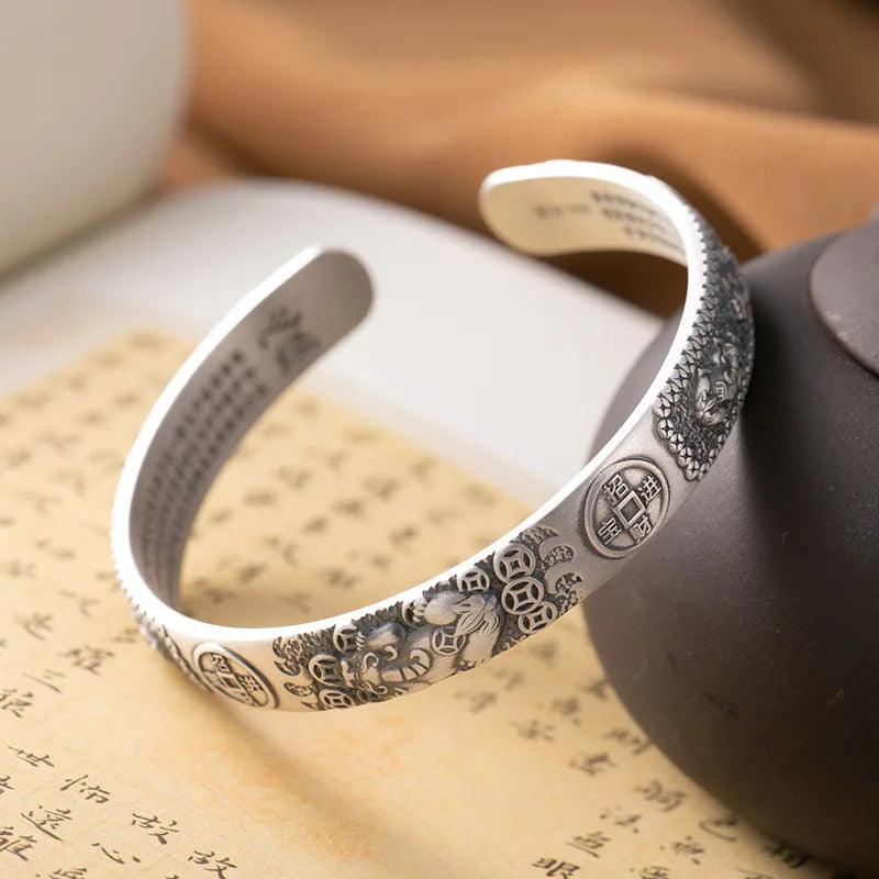Solid S999 Sterling Silver Brave Troops Bangle for Women and Men Bring In Wealth and Treasure Bracelet Buddhist Jewelry - GQTORCH Jewelry