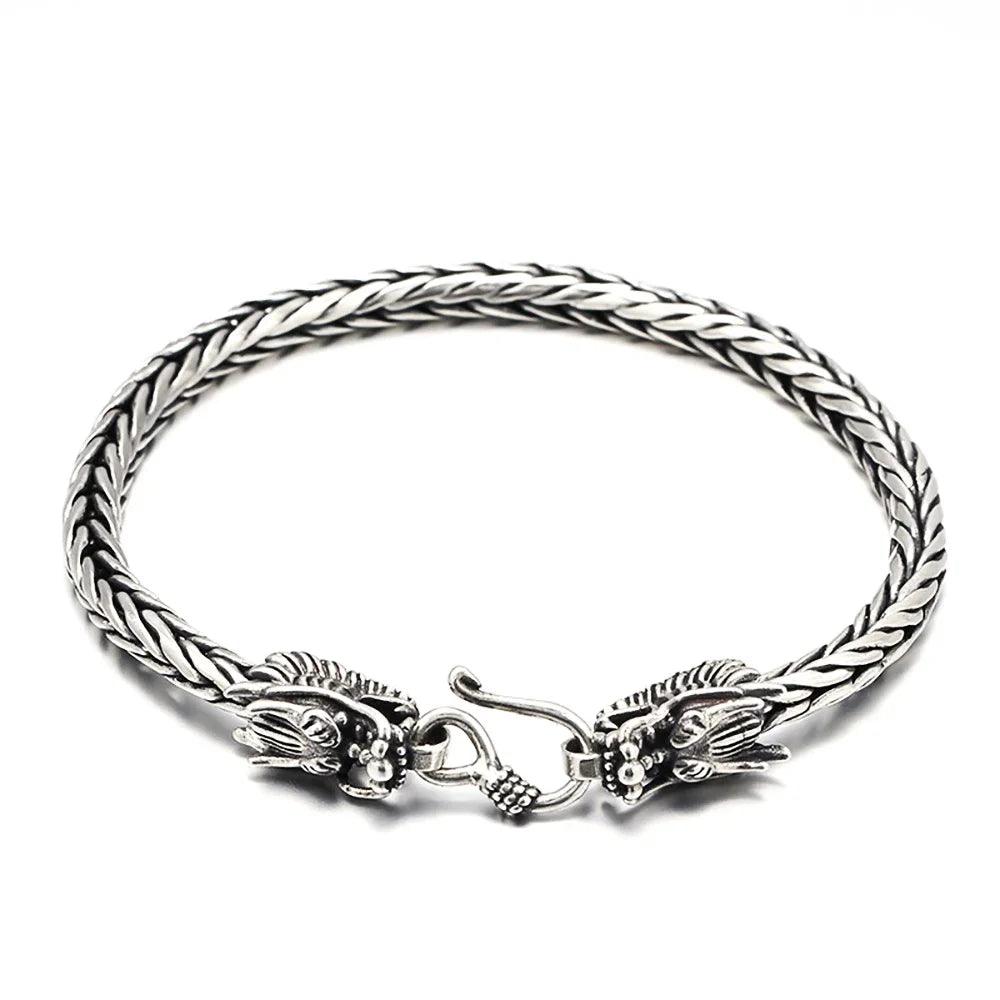 Real Pure 925 Sterling Silver Double Dragon Heads Wristband Handwoven Chain Bracelet Viking Jewelry - GQTORCH Jewelry