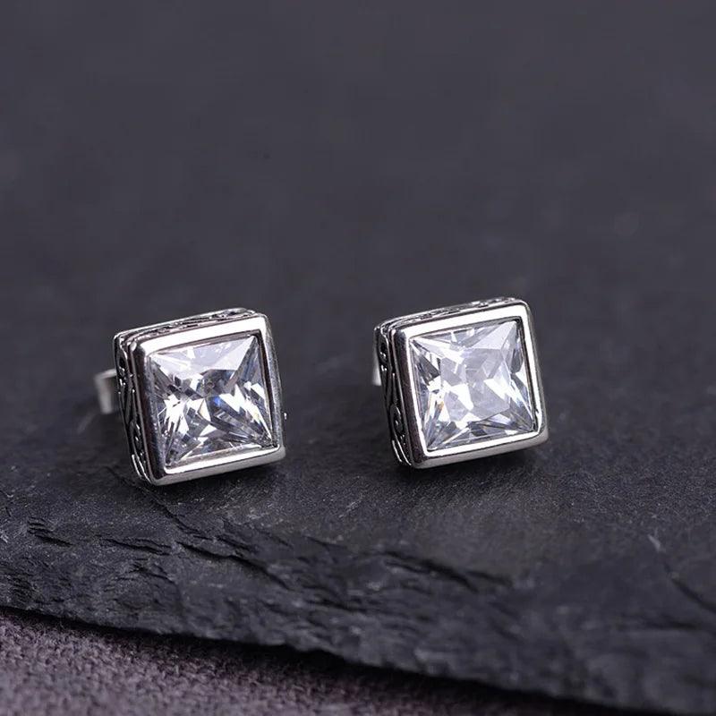 S925 Sterling Silver Vintage Craft Black Agatestud Earrings Women Simple Square Zircon Earrings Thai Silver Jewelry - GQTORCH Jewelry