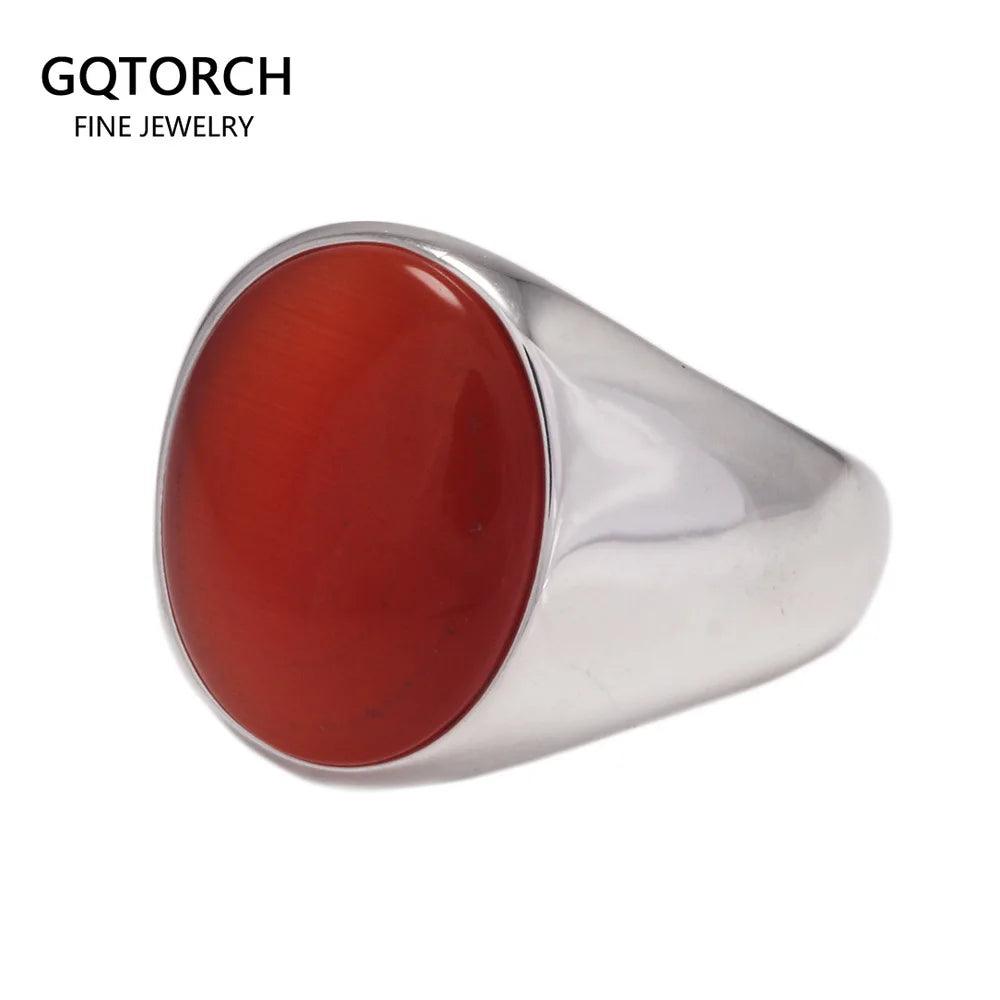 S925 Sterling Silver Natural Stone Rings for Men Red Black Color Agate Turkish Handmade Jewelry Luxury Ring Smooth Simple Design - GQTORCH Jewelry