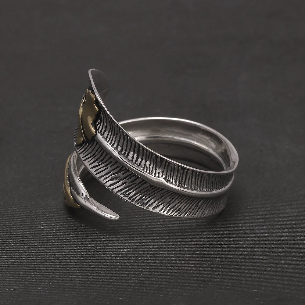 Real 925 Silver Feather Leaf Open Ring for Women Gold Butterfly Fashion Bohemia Vintage Retro Adjustable Fashion Party Jewelry