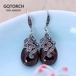 Vintage Dangling Earrings Real 925 Sterling Silver Jewelry Natural Garnet Red Stone Carved Flower Drop Shaped Earrings for Women - GQTORCH Jewelry