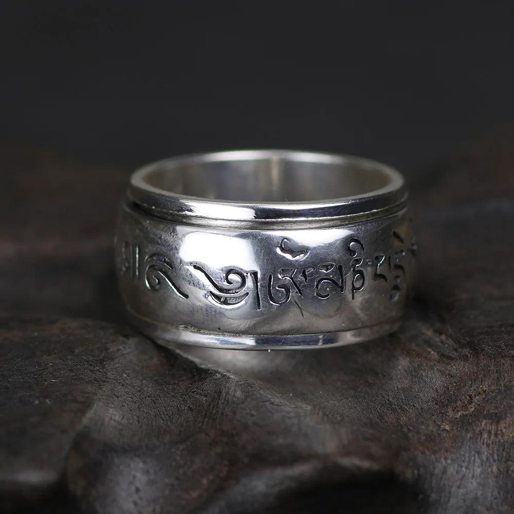 Real 990 Sterling Silver Mantra Rings Rotatable Shifting Lucky Tibetan Six Words Om Mani Padme Hum Buddha Ring For Men And Women - GQTORCH Jewelry