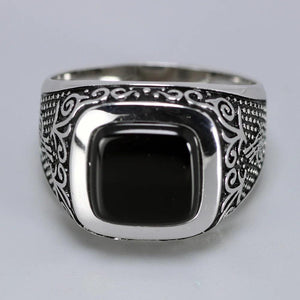 Vintage Punk Silver 925 Jewelry Square Black Stone Rings For Men Engraved Retro Flowers Turkish Signet Man Rings - GQTORCH Jewelry