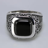 Vintage Punk Silver 925 Jewelry Square Black Stone Rings For Men Engraved Retro Flowers Turkish Signet Man Rings - GQTORCH Jewelry