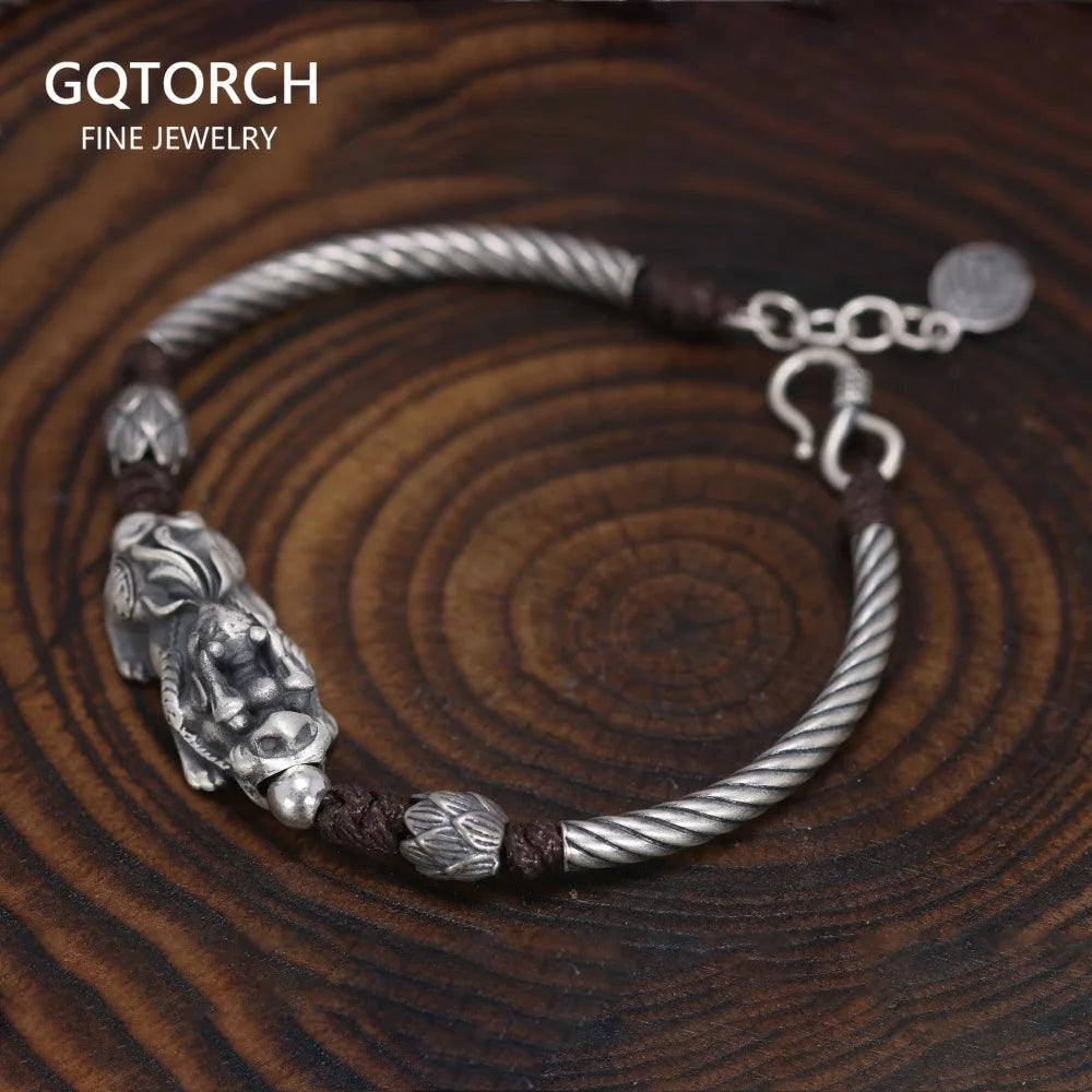 999 Silver Men and Women Pixiu Lucky Handmade Bracelet Leather Rope Adjustable Bracelet Lotus Leaf Fashion Animal Fish Jewelry - GQTORCH Jewelry
