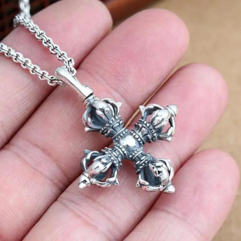 925 Sterling Silver Pendant Cross Vajra Sweater Chain Pendant For Men And Women Buddha Jewelry - GQTORCH Jewelry