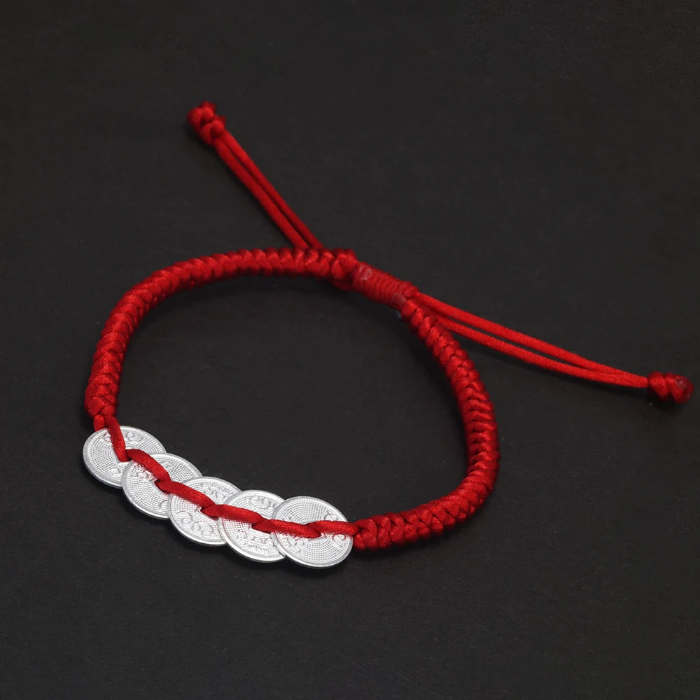 Handmade Braided Red Rope Lucky Bracelet Women Men 999 Sterling Silver Five Coins Money Wealth Charm Chinese Fengshui Jewelry