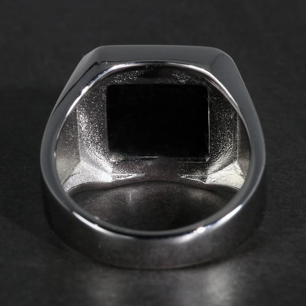Solid 925 Sterling Silver Square Plain Ring for Men With Natural Black Agate Simple Rustic Flat Top Hallmarked Band Male Jewelry - GQTORCH Jewelry