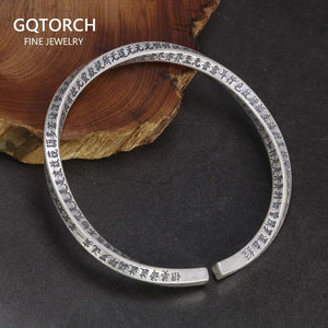 Real Solid 999 Silver Heart Sutra Bangles For Women And Men Chinese Words Vintage Thai Silver Buddhism Cuff Bangles Adjustable - GQTORCH Jewelry