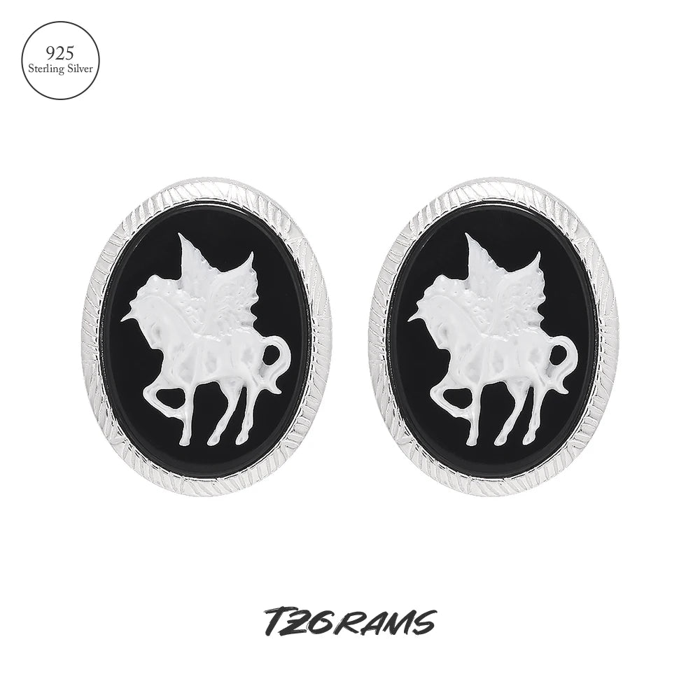 925 Sterling Silver Unicorn Cameo Onyx Ring Woman Black Onyx Earrings Pendant Round Shaped Fashion Vintage Jewelry Set