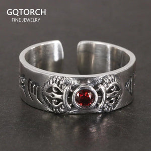 Real Pure 925 Sterling Silver Mantra Ring For Women With Natural Garnet Vintage Style Six Words Buddhist Jewelry Opening Type - GQTORCH Jewelry