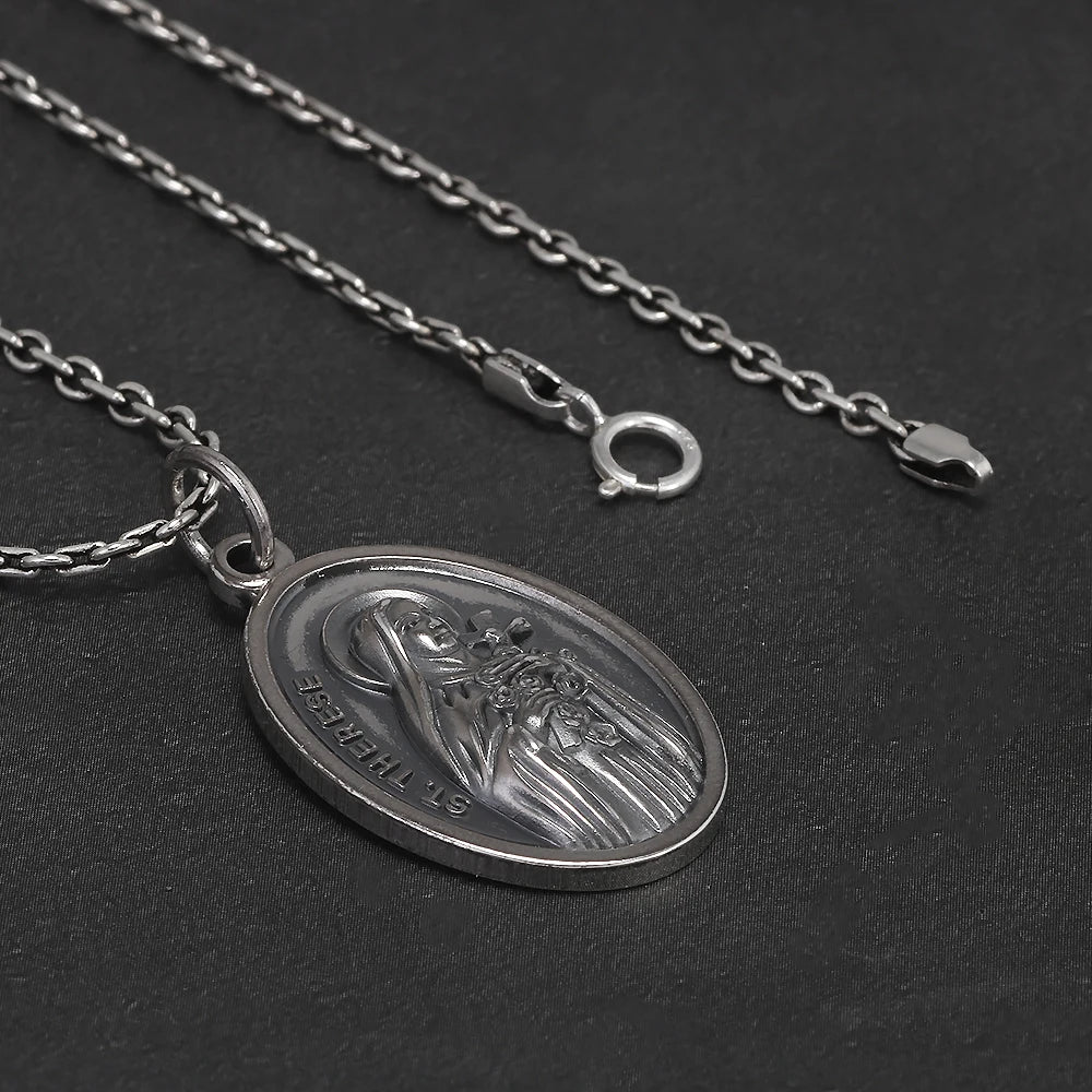 S925 Sterling Silver St Therese of Lisieux Catholic Saint Medal Pendant Necklace for Women Retro Religion Jewelry