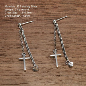 Real Sterling Silver S925 Jesus Cross Vintage Punk Style Earrings Chain Religious Jewelry for Men and Women - GQTORCH Jewelry