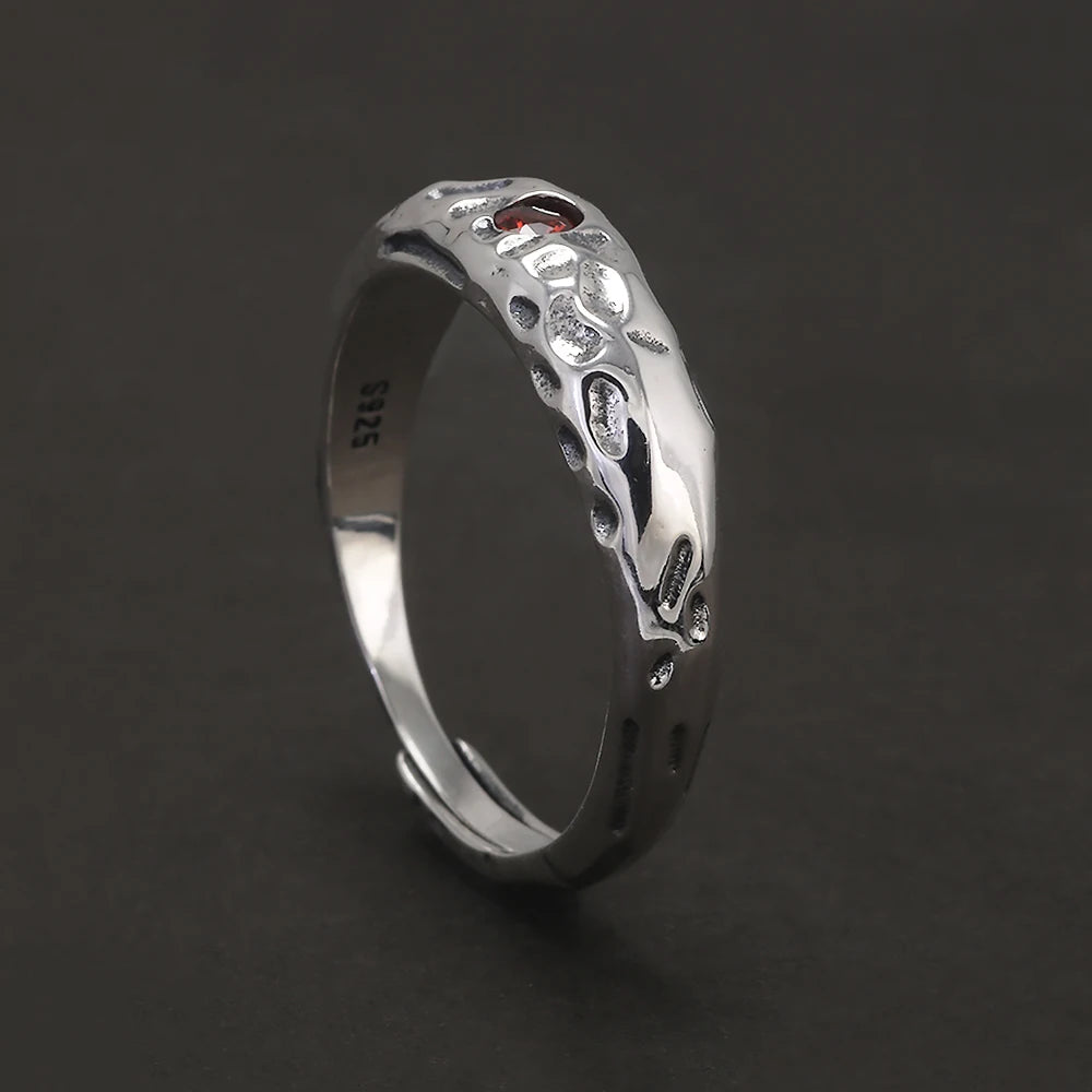 Solid 925 Sterling Silver Zircon Birthstone Ring for Women Irregular Hammered Adjustable Simple Fashion Daily Jewelry Party Gift