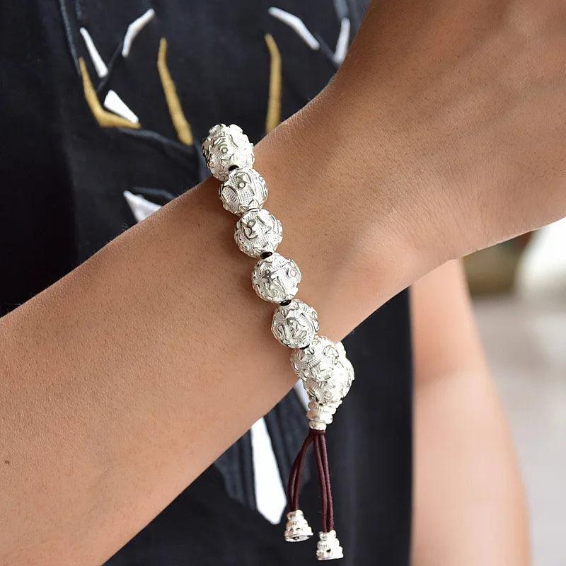 Real Solid 990 Silver Buddhist Bracelet Mens Mantra Beads Carved Six Words Om Mani Padme Hum For Tibetan Prayer Elastic Rope - GQTORCH Jewelry