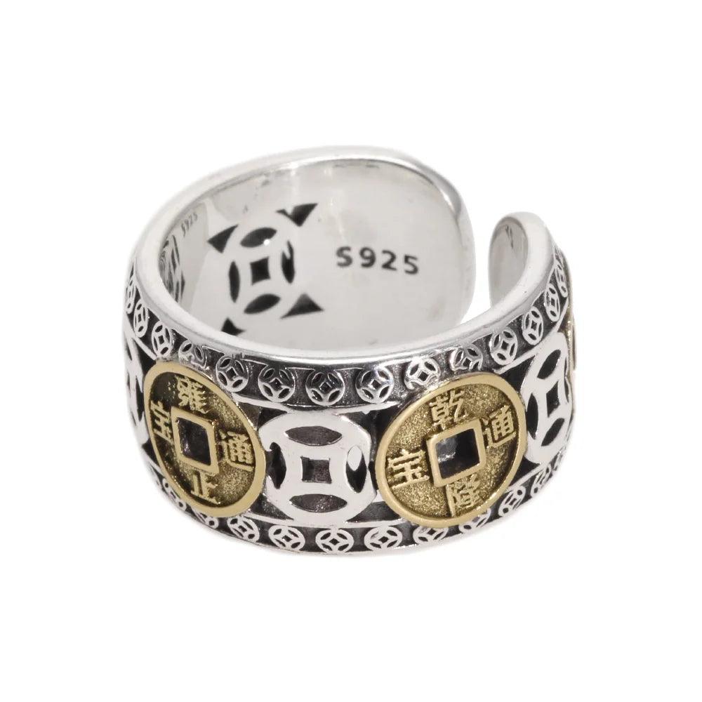 Real 925 Sterling Silver Men and Women's Five-emperor Coin Hollow-out Ring Adjustable Exquisite Vintage Good Lucky Jewelry - GQTORCH Jewelry