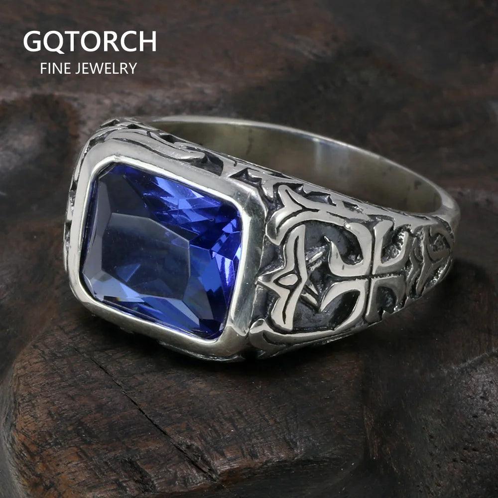Real Pure 925 Sterling Silver Rings For Men Blue Natural Crystal Turquoise Stone Mens Ring Vintage Engraved Flower Fine Jewelry - GQTORCH Jewelry