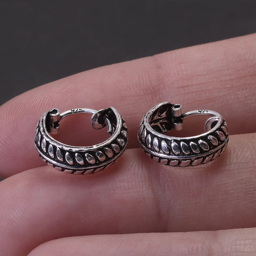 Real 925 Sterling Silver Retro Hoop Earrings for Women Men Geometric Heart Wheat Leaf Whale Vintage Punk Rock Ear Jewelry Gift