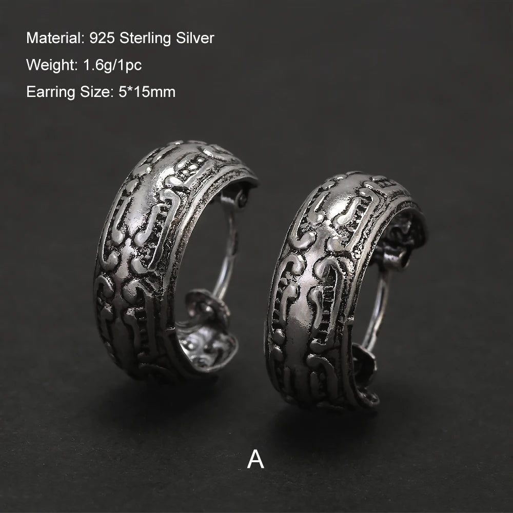 Real 925 Sterling Silver Retro Hoop Earrings for Women Men Geometric Heart Wheat Leaf Whale Vintage Punk Rock Ear Jewelry Gift