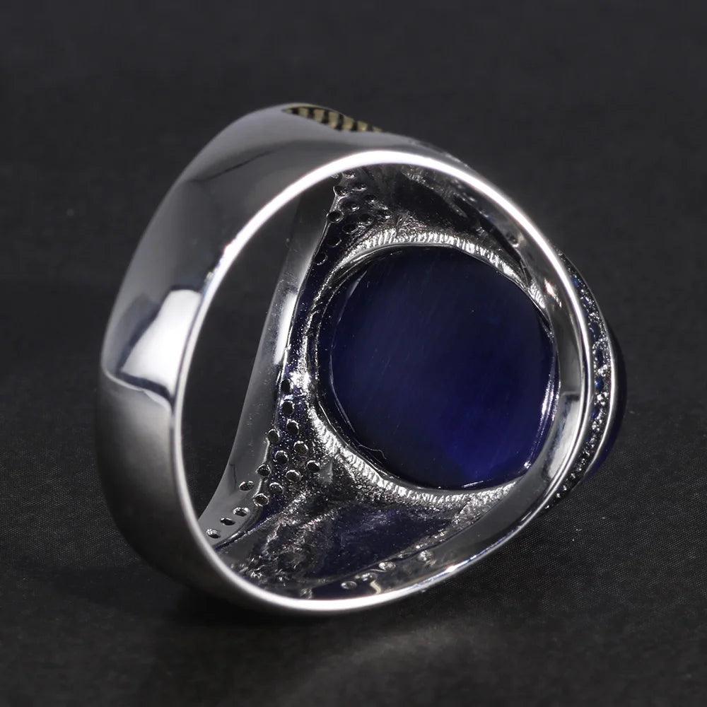 Real Pure Mens Rings Silver S925 Men's Turkey Rings with Natural Blue Tiger Eyes Stone Silver 925 Jewelry - GQTORCH Jewelry