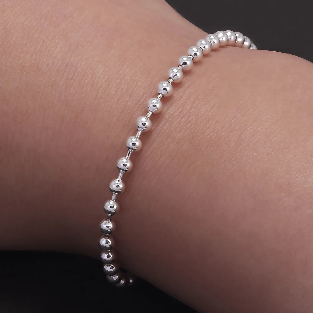 Real 925 Sterling Silver Handmade 3mm Bead Ball Strand Chain Bracelet Unisex Simple Classic Fashion Charm Hand Jewelry