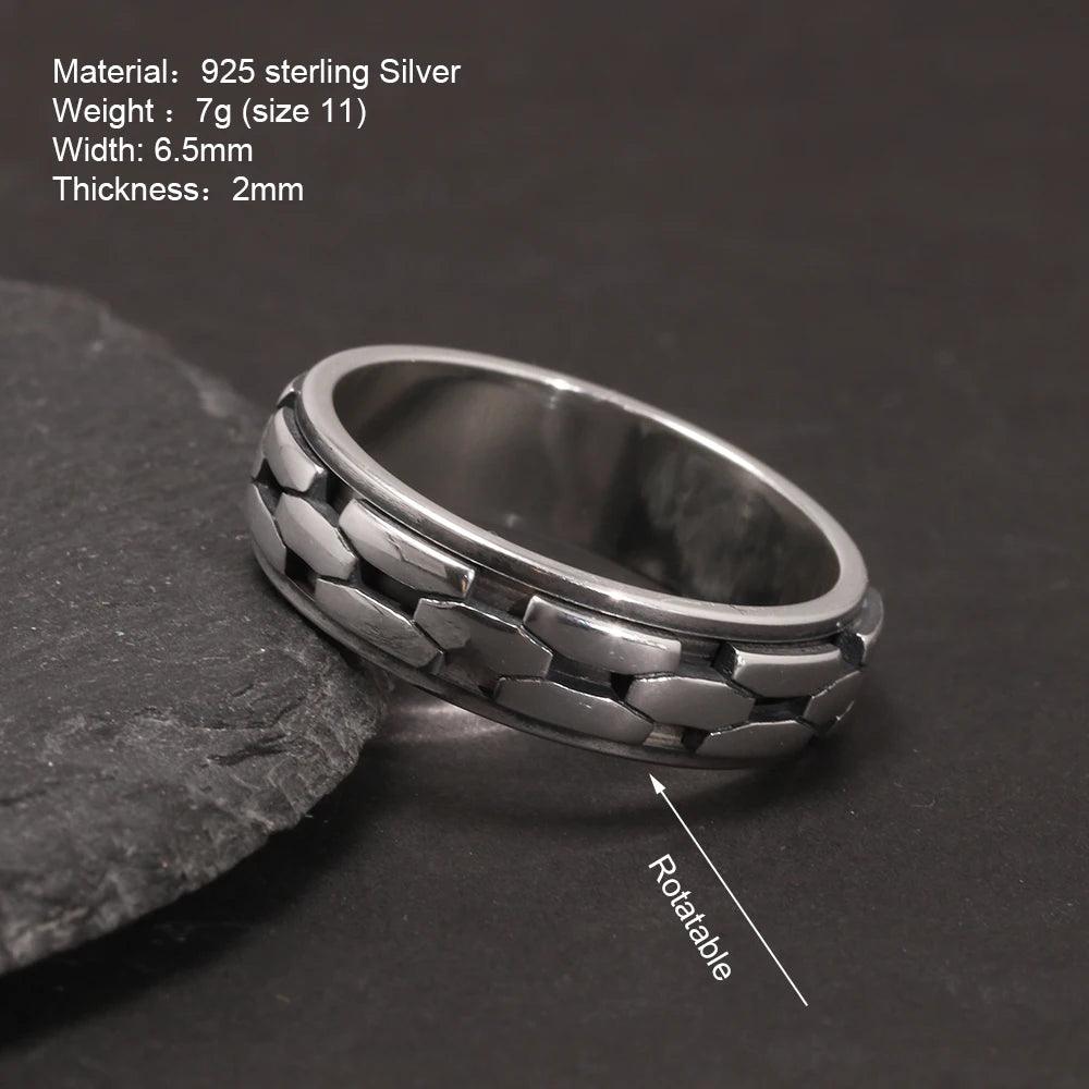 Real S925 Sterling Silver Spinner Rings Irregular Chain Design Retro Punk Style For Men Rotatable Index Finger Ring - GQTORCH Jewelry